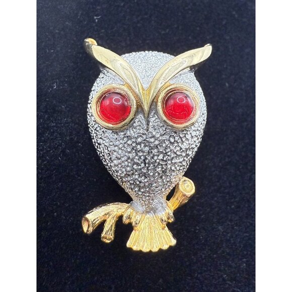 Vintage Perched Owl Brooch Pin Gold and Silver Tone Red Glass Cabochon Eyes - Picture 7 of 10